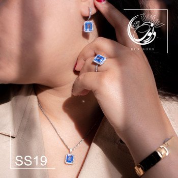 سرویس نقره با سنگ توپاز آبی پر رنگ مستطیلی کد SS19
